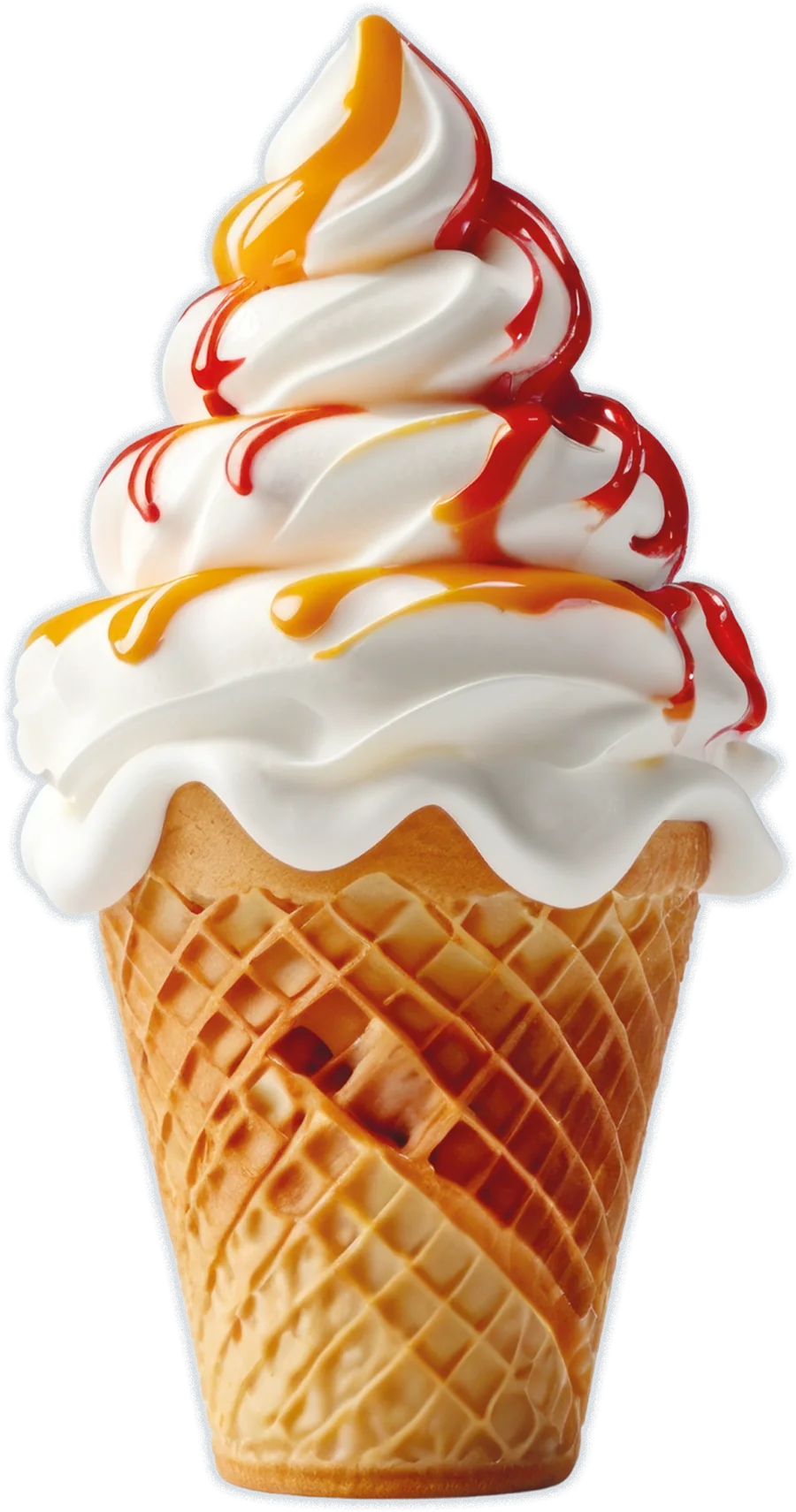 Frozen Joghurt und Vanille-Softeis mit Fruchtsoße in einer knusprigen Waffel