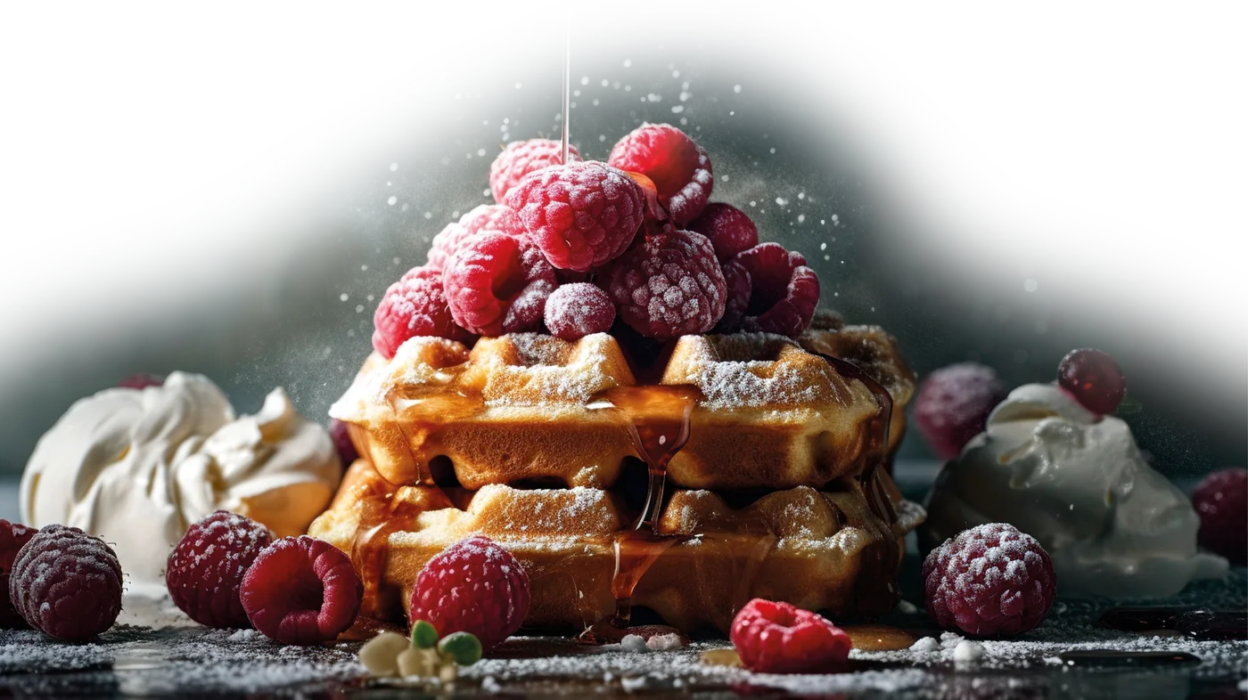 Frisch gebackene Waffeln mit Himbeeren, Puderzucker und Sahne bei Caviani